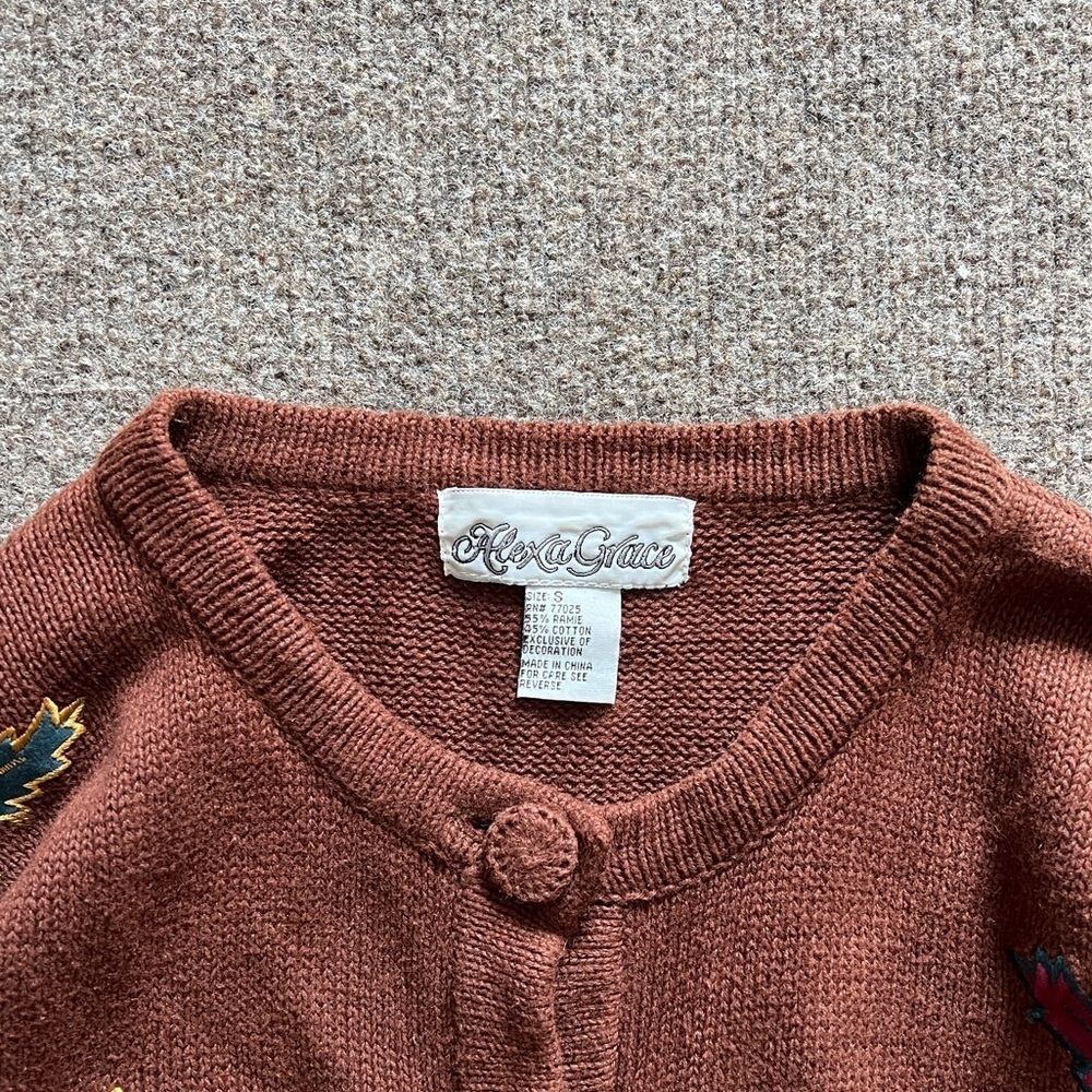 Vintage Alexa Grace Brown Leaves Cardigan Sweater Fall Autumn Grannycore Size S - Picture 3 of 12